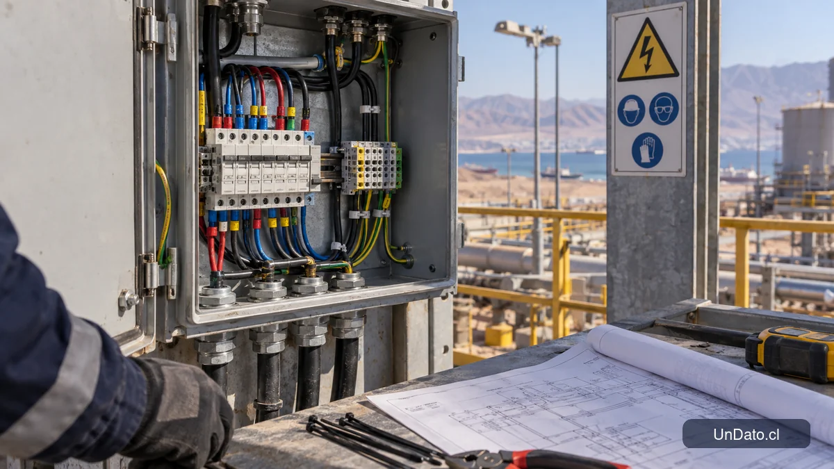 Tablero eléctrico industrial abierto junto a un plano técnico y señalética de seguridad en una instalación de Antofagasta.