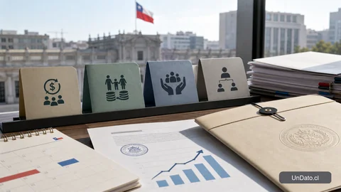 Fichas alineadas con cotización, FAPP, PGU y empleador junto a un documento sellado y un gráfico ascendente.