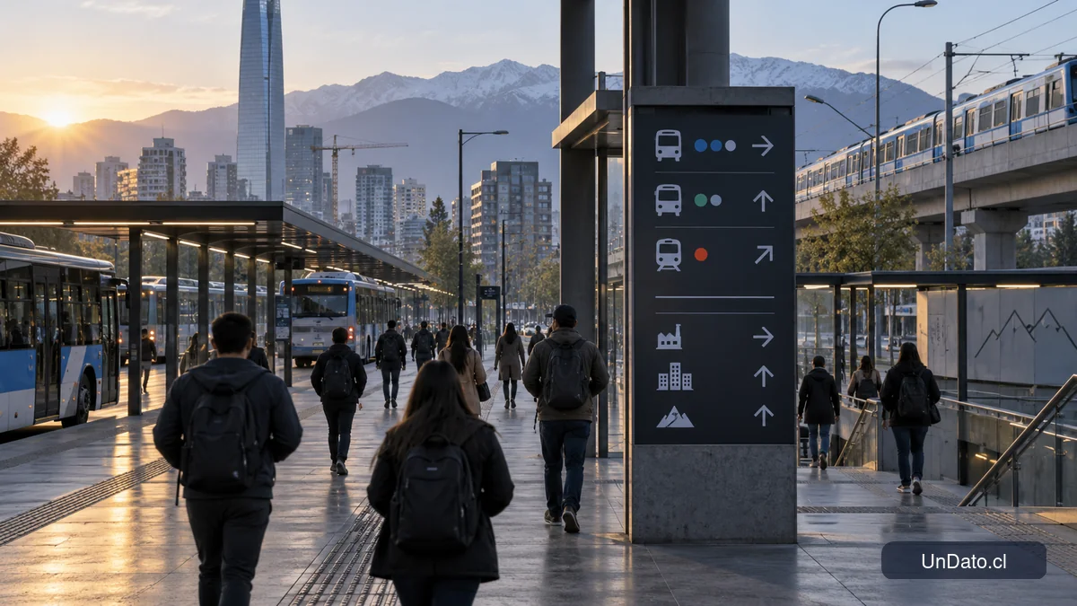Panel de rutas laborales en una estación urbana chilena durante la mañana