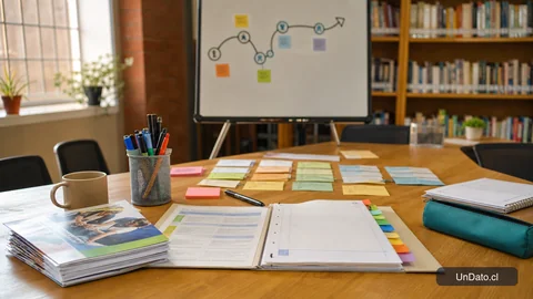 Una mesa de biblioteca comunitaria con folletos de talleres de empleo, tarjetas adhesivas de pasos, una carpeta con separadores y una pizarra portátil con una ruta marcada.