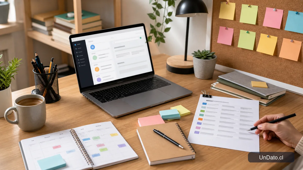 Escritorio con un calendario, una lista de postulaciones y un notebook abierto para organizar la búsqueda de trabajo.