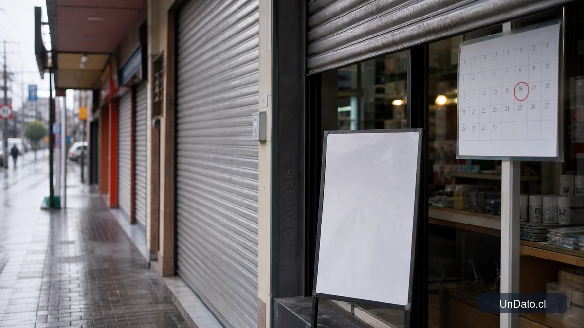 Avenida comercial en Chile con cortinas metálicas, letreros de horario y un calendario marcado el 16 de julio.