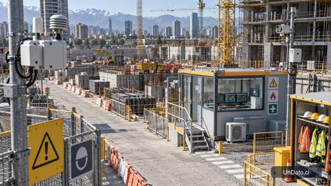 Zona de construcción con señalización preventiva, sensores y un panel de indicadores de seguridad laboral.