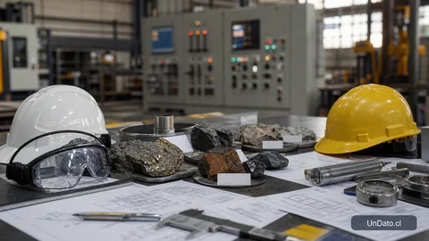Taller de capacitación minera con cascos, muestras de mineral, instrumentos de medición y un panel de control industrial.