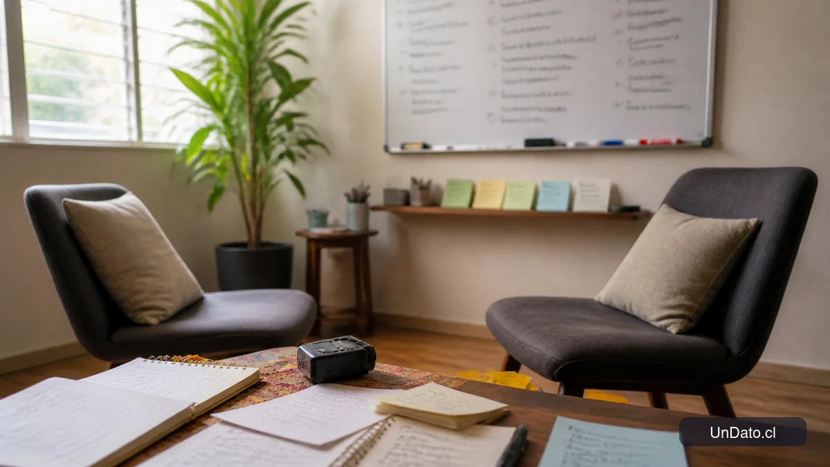 Sala de práctica con dos sillas enfrentadas, una pizarra con preguntas de entrevista, tarjetas de retroalimentación y un grabador de audio.