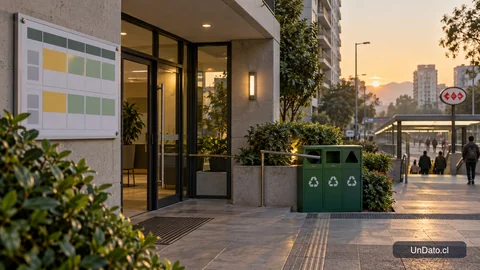 Acceso de un condominio con señalización de reciclaje y panel de turnos para un trabajo de fin de semana.