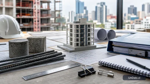 Mesa técnica con planos estructurales, maqueta de edificio y documentos de inspección en un contexto de construcción sísmica.
