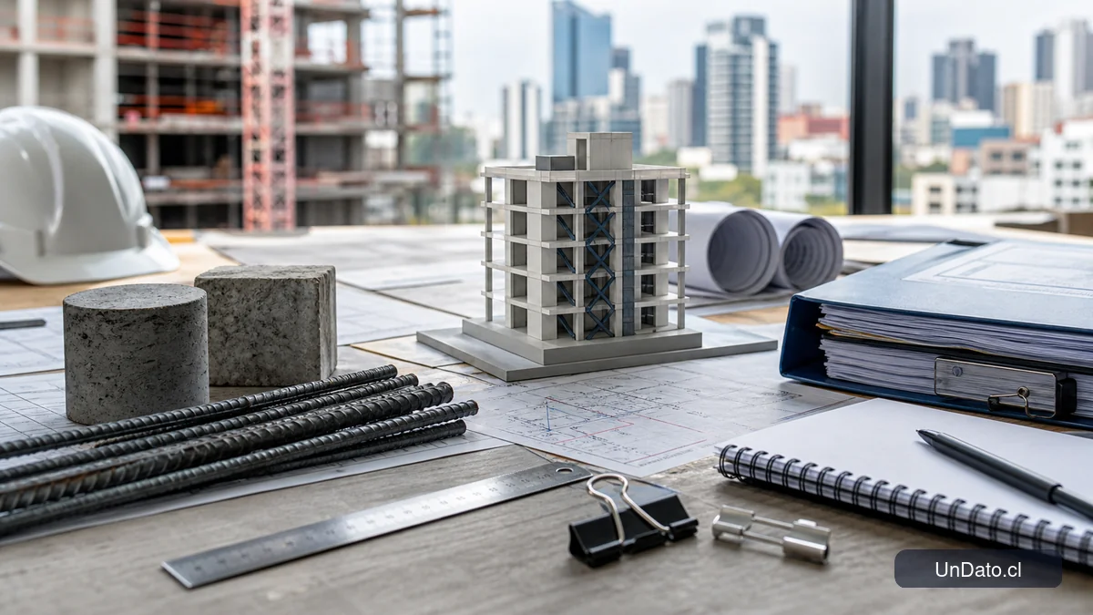 Mesa técnica con planos estructurales, maqueta de edificio y documentos de inspección en un contexto de construcción sísmica.