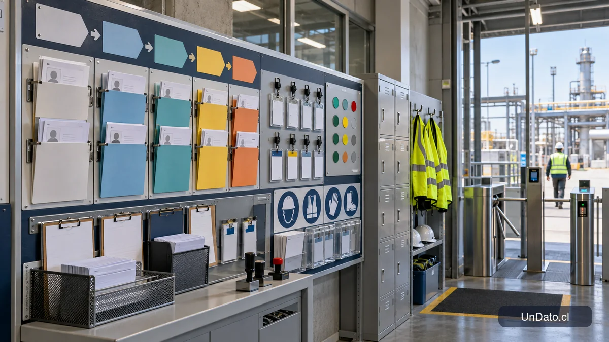 Tablero de coordinación de reclutamiento con credenciales, etapas de habilitación e información de turnos para una operación industrial