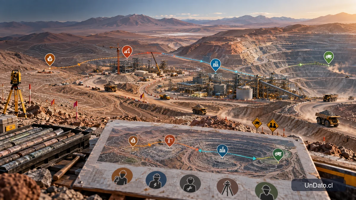 Mapa topográfico de una operación minera chilena con etapas de proyecto, perfiles técnicos y rutas de contratistas