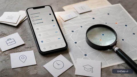 Pantalla de telefono con filtros de vacantes, tarjetas de criterios y una lupa sobre un mapa de busqueda laboral.