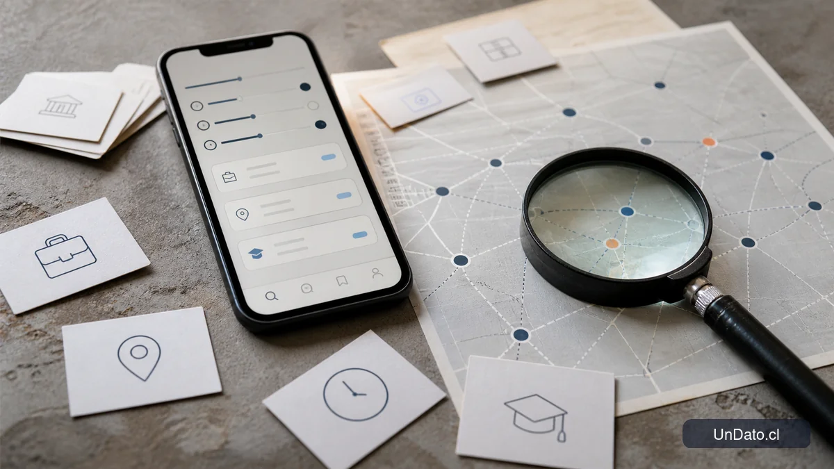 Pantalla de telefono con filtros de vacantes, tarjetas de criterios y una lupa sobre un mapa de busqueda laboral.