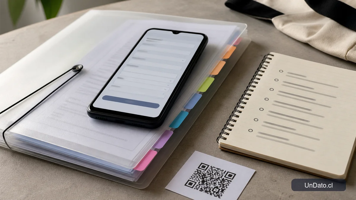 Carpeta con documentos, un teléfono mostrando un formulario de postulación y una lista de vacantes junto a un código QR impreso.