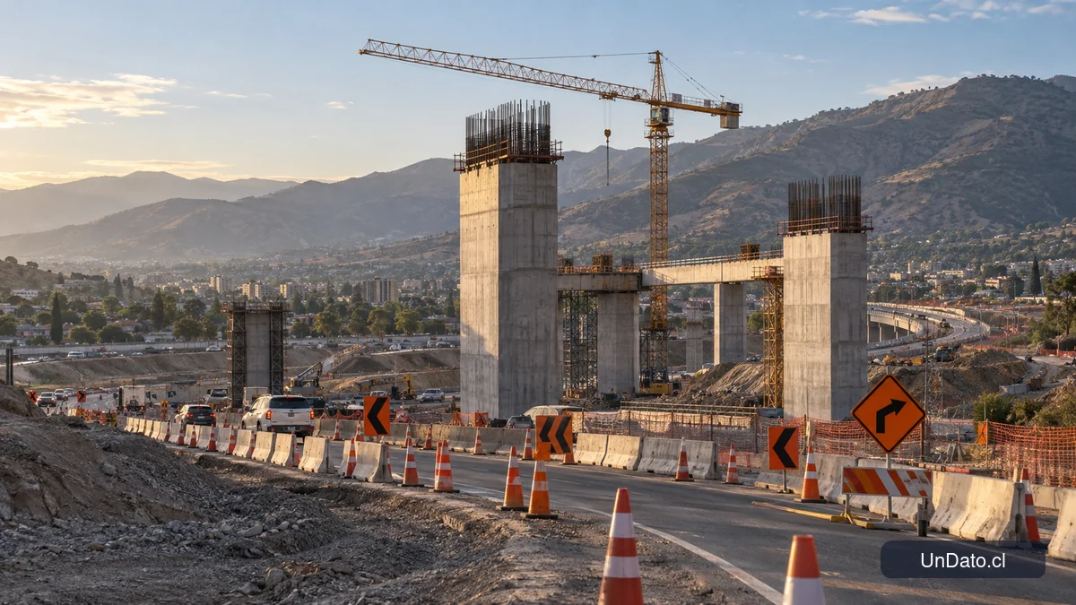 Obra de infraestructura vial chilena con pilares de hormigón, grúa y señalización de seguridad