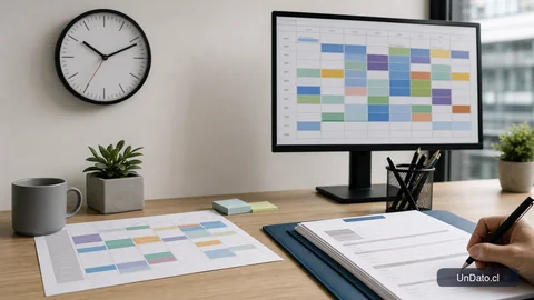 Reloj, planilla de turnos y formulario de postulación sobre un escritorio de oficina.