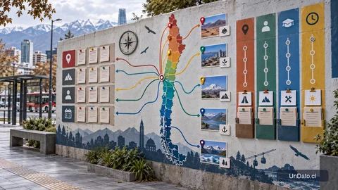 Mural de orientación laboral con rutas regionales y tarjetas para comparar requisitos de vacantes