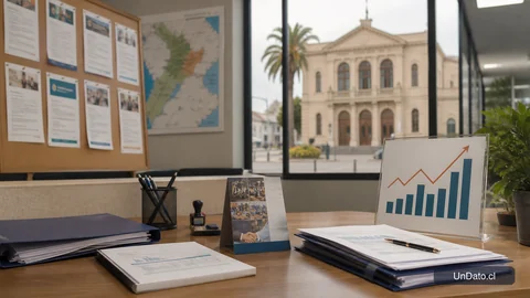 Escena institucional con un panel de vacantes, gráficos laborales y una tarjeta del Subsidio a la Contratación en un entorno municipal.
