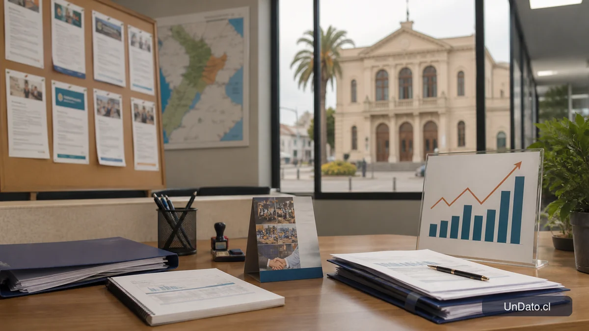 Escena institucional con un panel de vacantes, gráficos laborales y una tarjeta del Subsidio a la Contratación en un entorno municipal.