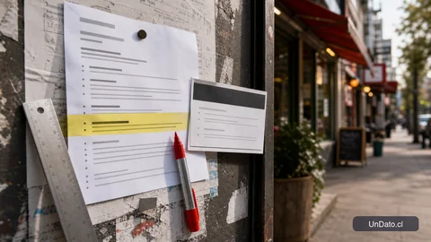 Aviso de empleo con un rango salarial resaltado en un panel urbano, acompañado por una regla metálica y una tarjeta de postulación.