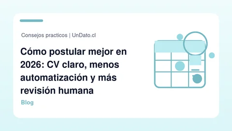 Portada editorial con una persona revisando un currículum frente a una laptop y gráficos de contratación en segundo plano