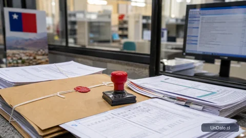 Ventanilla previsional con planillas de cotizaciones, un timbre rojo y una carpeta sellada en un trámite digital.