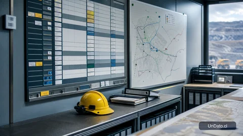 Panel de turnos de una faena minera con tarjetas de relevo, casco de seguridad y bloques horarios organizados.