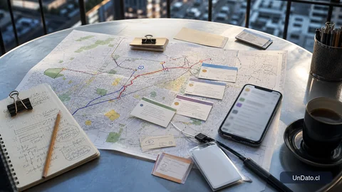 Mesa con mapa urbano, tarjetas de vacantes, un celular con mensajes abiertos y una libreta de prioridades para organizar la búsqueda de trabajo.