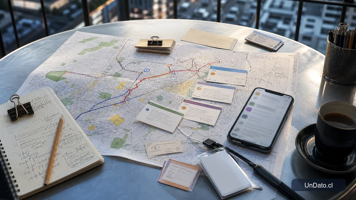 Mesa con mapa urbano, tarjetas de vacantes, un celular con mensajes abiertos y una libreta de prioridades para organizar la búsqueda de trabajo.