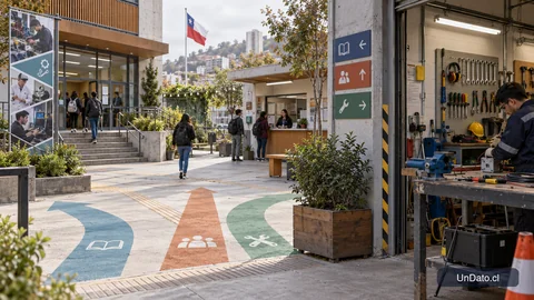 Ilustración de rutas que conectan un centro de formación, un taller técnico y un espacio de atención como opciones para explorar un cambio laboral