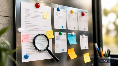 Tablero magnético con un currículum anotado, tarjetas de vacantes sujetas con imanes, una lupa y notas adhesivas con prioridades de postulación.