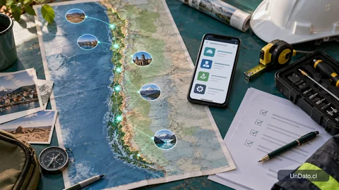 Mapa de Chile con conexiones digitales hacia distintas vacantes laborales y símbolos de oficios técnicos
