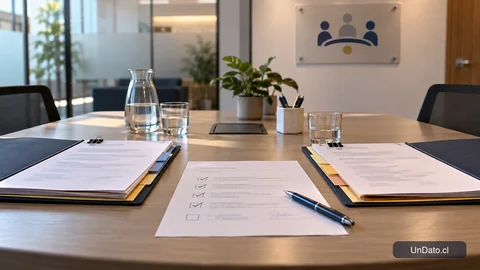 Documentos de negociación sobre una mesa en una sala de mediación laboral