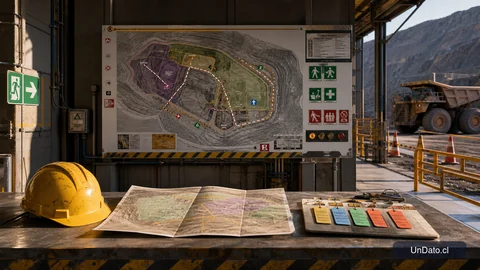 Tablero de seguridad en una faena minera con mapa de sectores, etiquetas de turno, un casco y señalética de evacuación.