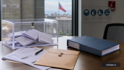 Urna de votación sindical con formularios de candidatura y una carpeta de la Inspección del Trabajo.