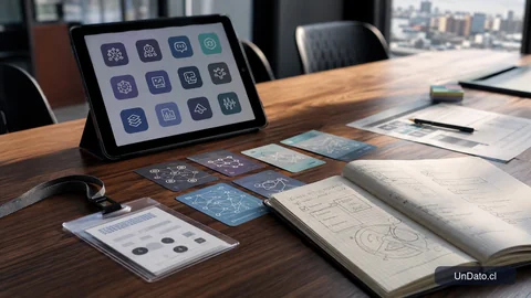 Una tablet con iconos de herramientas de inteligencia artificial, una credencial de curso y tarjetas de habilidades sobre una mesa de capacitación.