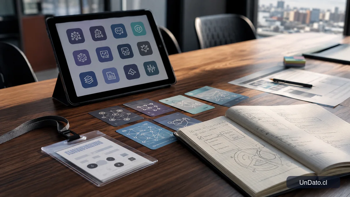 Una tablet con iconos de herramientas de inteligencia artificial, una credencial de curso y tarjetas de habilidades sobre una mesa de capacitación.