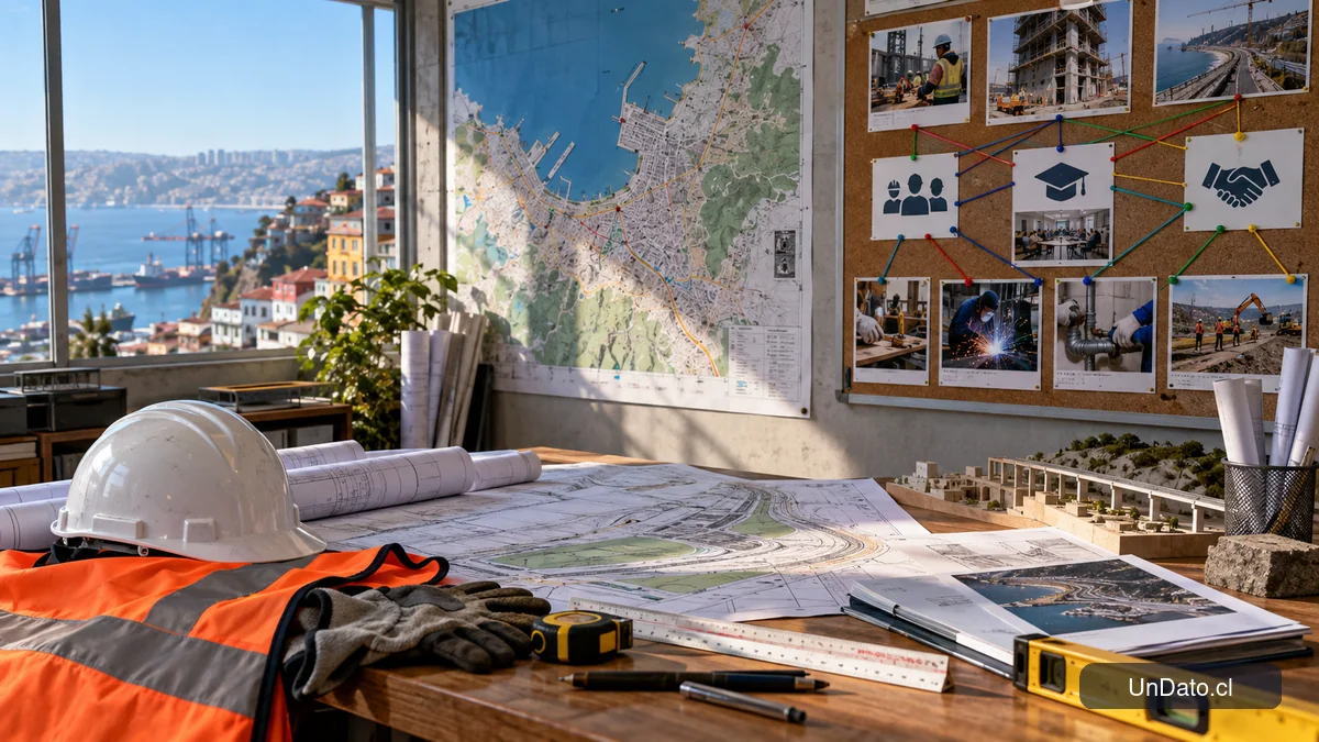 Mapa de Valparaíso junto a planos de construcción, elementos de seguridad y fichas de capacitación para oficios técnicos