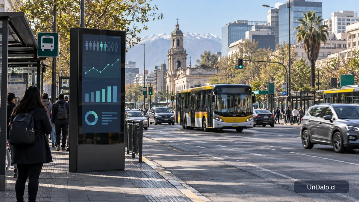 Escena urbana de Santiago con rutas de transporte, edificios de servicios y un panel de indicadores del mercado laboral
