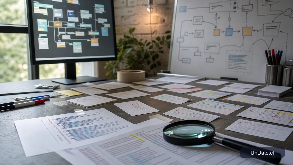 Tarjetas de errores, un diagrama de arquitectura, una lupa sobre código impreso y un monitor con validaciones técnicas.