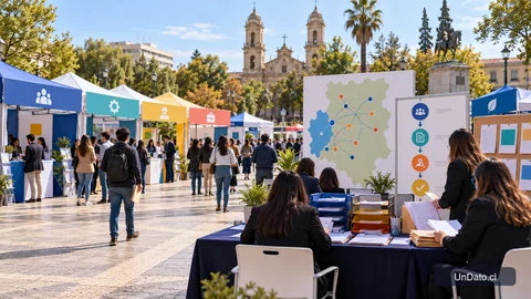 Módulos de empresas y señalética de oportunidades laborales en una feria de empleo al aire libre en Talca.