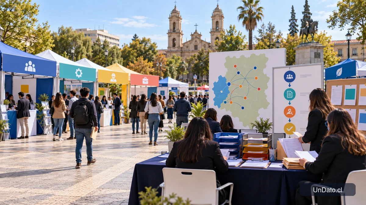 Módulos de empresas y señalética de oportunidades laborales en una feria de empleo al aire libre en Talca.
