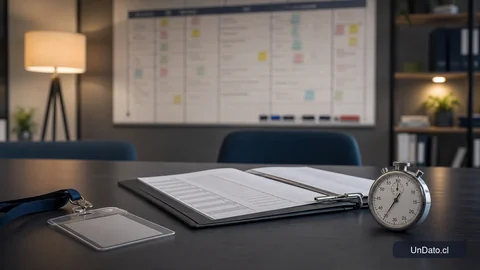Sala de evaluación con una pizarra de competencias, una credencial de acceso y una carpeta de verificación sobre una mesa.