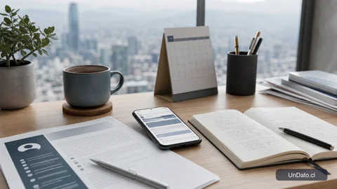 Escritorio con un currículum impreso, un celular con una búsqueda de empleo abierta y una libreta con notas.
