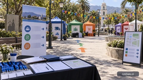 Feria laboral en una plaza publica con modulos de empresas, paneles de requisitos y señalizacion para postulantes