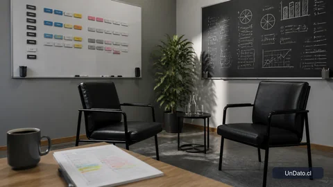 Sala de entrevista con dos sillas vacías, un tablero de turnos semanales y una pizarra con métricas de trabajo.