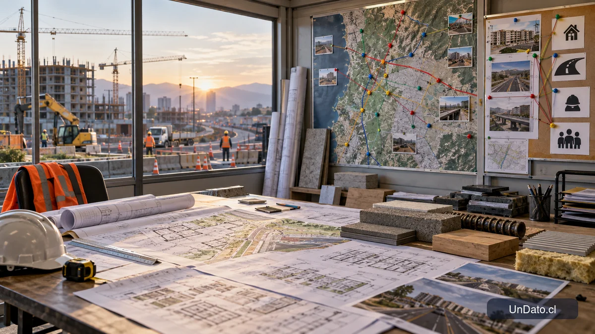Centro de planificación con planos de vivienda y obras públicas, materiales de construcción y fichas de oficios técnicos