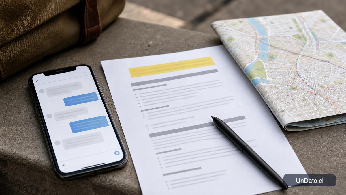 Un teléfono con un mensaje de LinkedIn abierto junto a una vacante impresa con el cargo resaltado y un mapa urbano doblado.