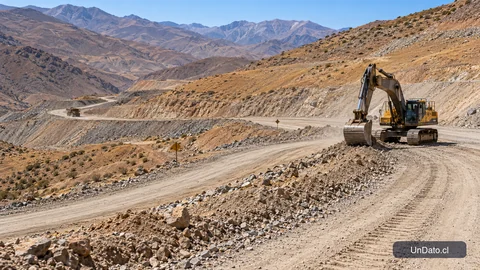 Excavadora de orugas en un camino de servicio de una faena minera entre laderas áridas del Choapa.