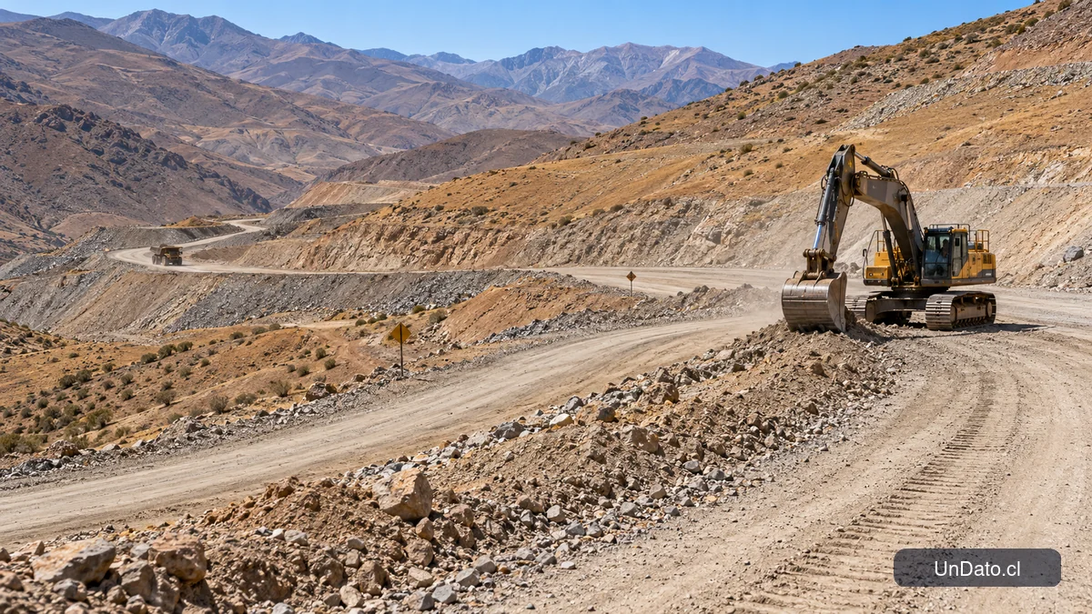 Excavadora de orugas en un camino de servicio de una faena minera entre laderas áridas del Choapa.