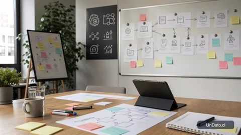 Sala de capacitación con un pizarrón, tarjetas de procesos, una tableta y diagramas de flujo sobre automatización.